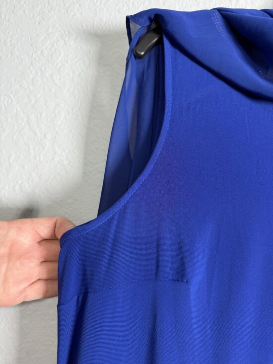 MSK Chiffon Sheath Rhinestone Trim Dress Womens M Royal Blue Asymmetric Cape - Picture 6 of 12